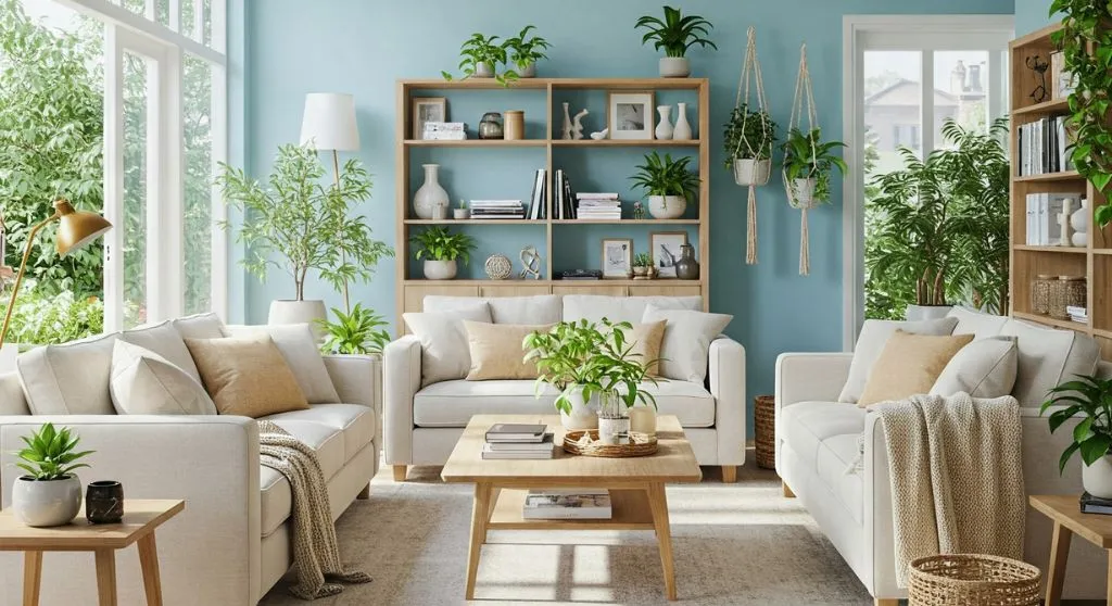 Salotto dai colori neutri arredato con piante verdi da appartamento